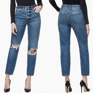 GOOD AMERICAN GOOD VINTAGE RIPPED RIGID COTTON ANKLE STRAIGHT LEG JEANS